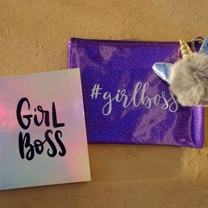 Sparkly Purple Girl Boss Kitty Unicorn Pom-Pom Journal & Pencil/Makeup Pouch Set